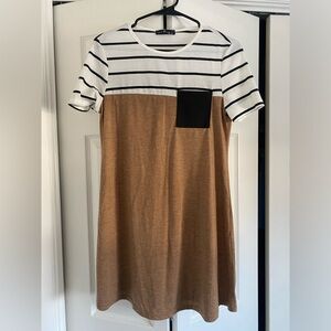 Emery Rose Striped Pocket Tunic Length Tee Shirt - Black, White, Tan